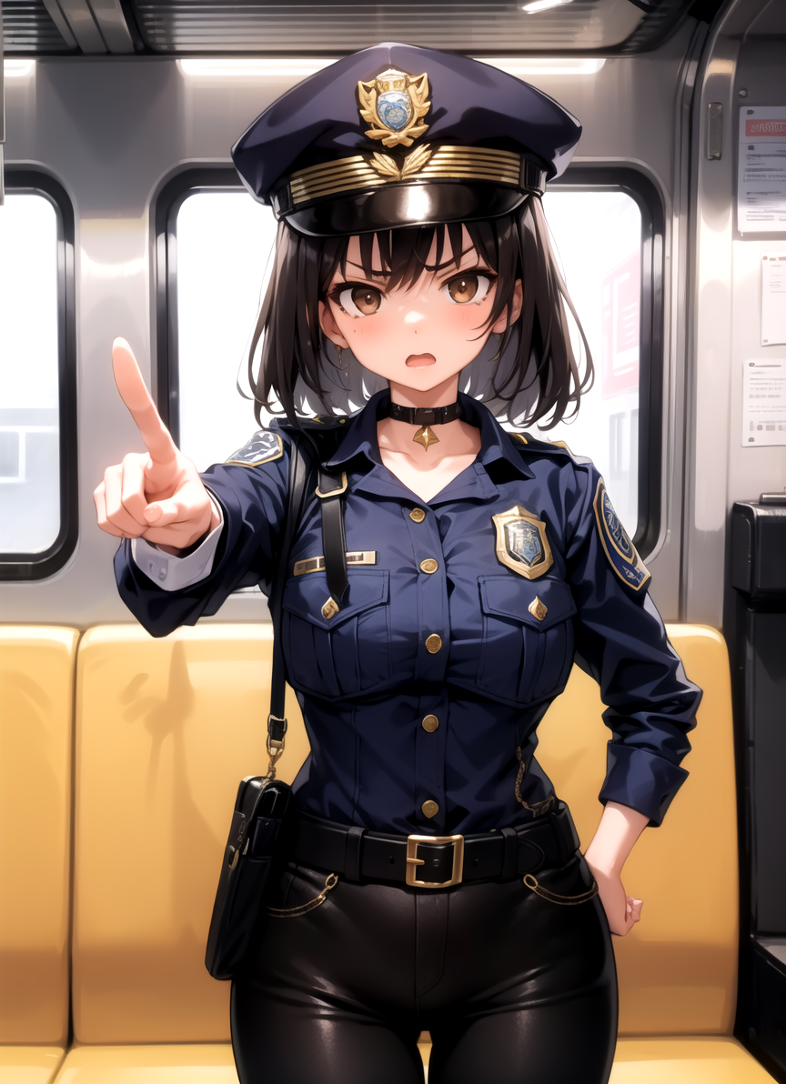 masterpiece, best quality, 1girl, standing, train interior, brown eyes, pointing at viewer, (police), angry, hat, pants,